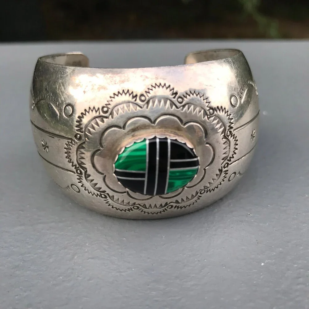 Vintage Sterling Silver Cuff Bracelet Inlay work Stamped Mexican Silver Jewelry - Picture 2 of 8
